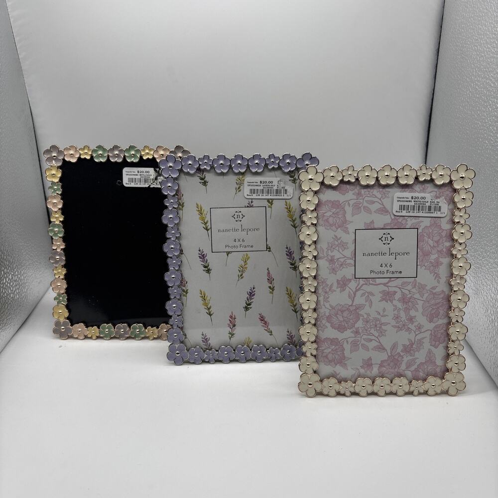 Lot of 3 Nanette Lepore 4x6 Picture Frames Enamel Flower 3D Pastel Floral Decor